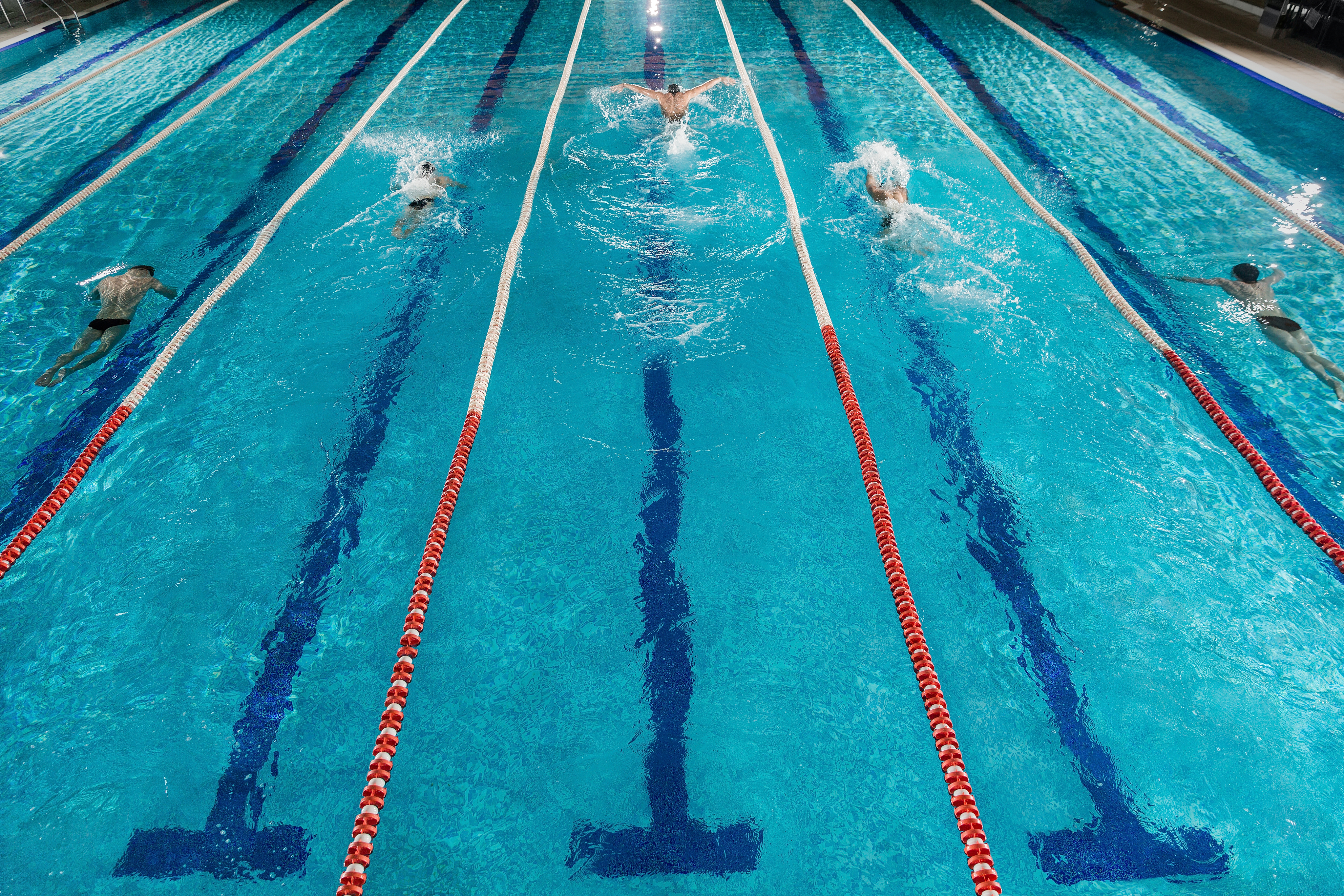 Swimmers racing in a heated lap pool